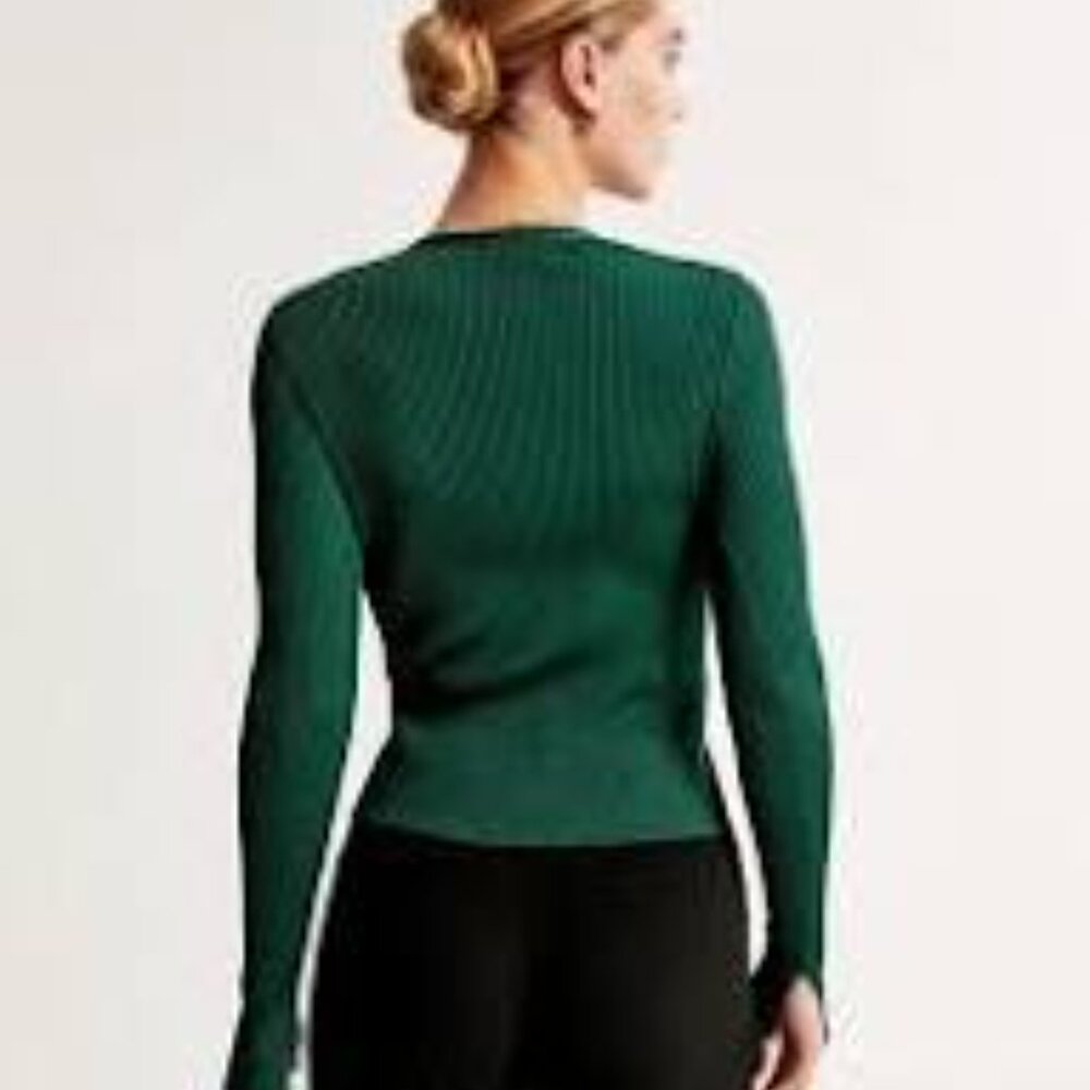 Abercrombie & Fitch Ribbed Button Front V Neck Cardigan Sweater Green - Picture 2 of 5